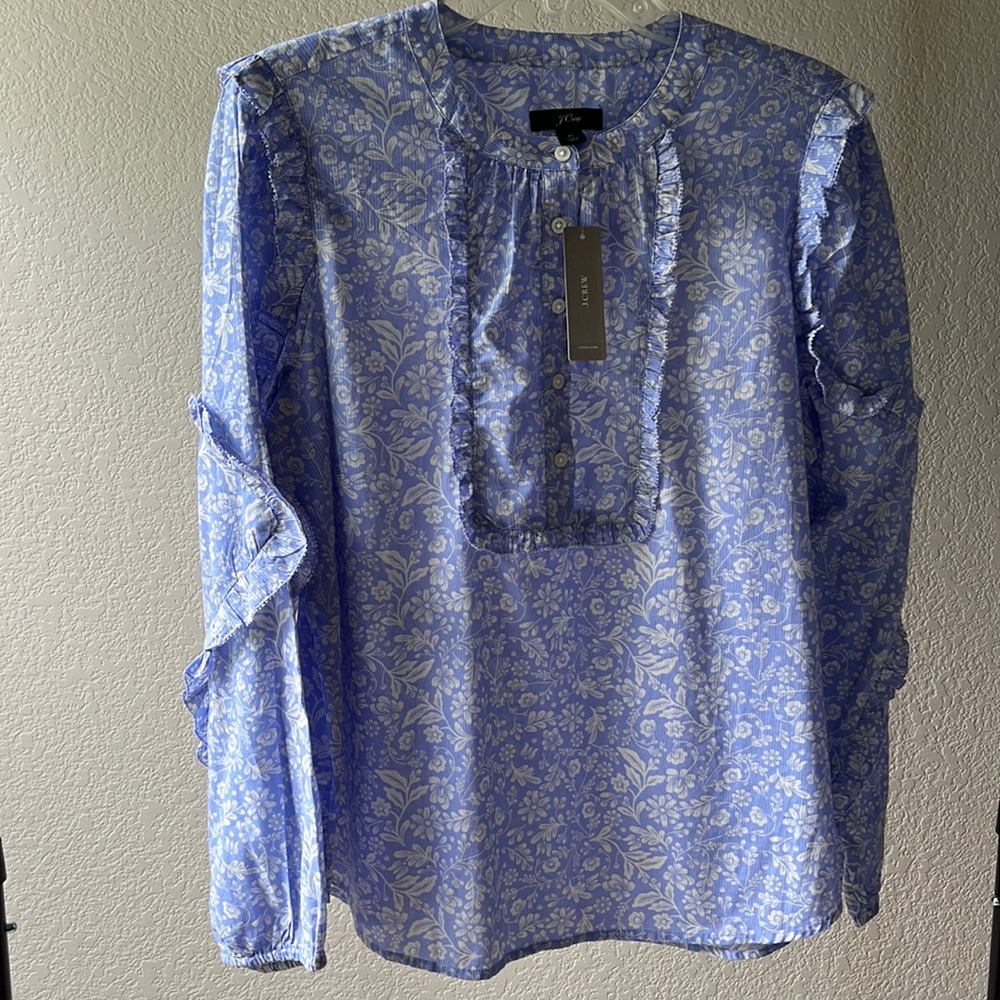 JCrew floral slate blue and white ruffled blouse